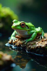 Naklejka premium Styropore-Resten in der Seitenansicht mit einem ausgerotteten Seefrosch, Wasser, Bl?tter, Frosch
