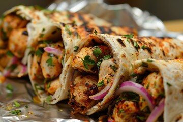 Palestinian musakhan wrap with chicken, sumac onions and bread, rolled and