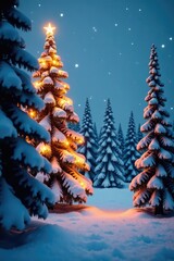 Snow-covered forest with tall Christmas trees illuminated by soft glow,, magical trees