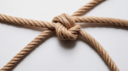 Close-up of twisted rope with tied knot. Beige hemp fiber cable on white background. Symbol of connection, strength, marine, trust, support, unity, safety and hope.