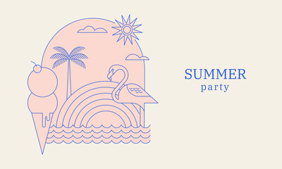 Minimalist summer party concept design. Linear simple, modern style. Summer background with palm flamingo, beach, sea and sun illustration
