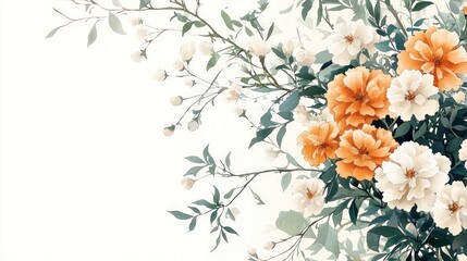 Watercolor Floral Painting  Elegant Orange   White Flowers  Botanical Art Print