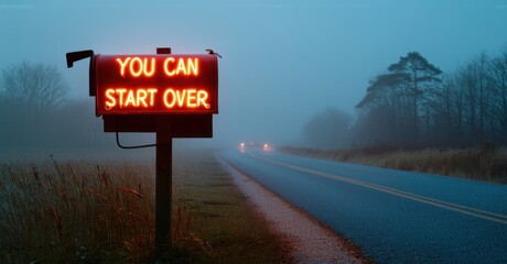 Glowing orange neon you can start over in thick font glowing on mailbox post beside quiet rural road with fog and soft headlights