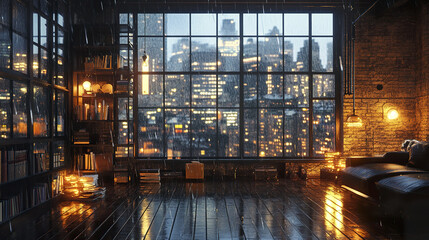 Rainy evening in urban loft with raindrops streaming down window