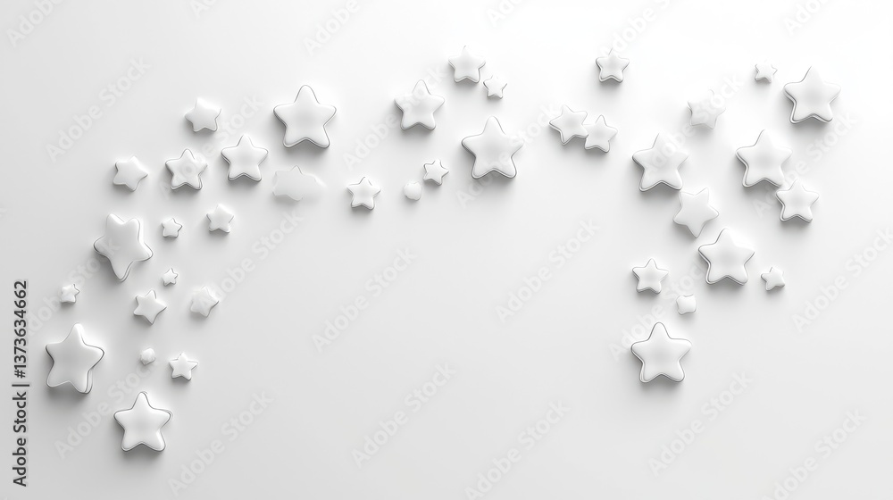 Poster white star shapes arranged in a whimsical pattern on a soft white background for use in creative des