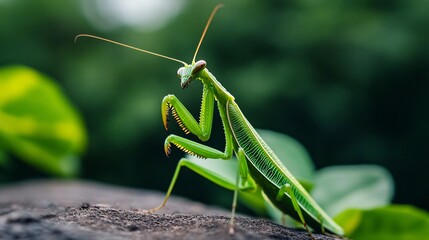 Green Praying Mantis on Leafy Background in Natural Habitat