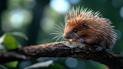 Fototapeta premium Adorable Porcupine Sitting on Tree Branch in Natural Forest Setting