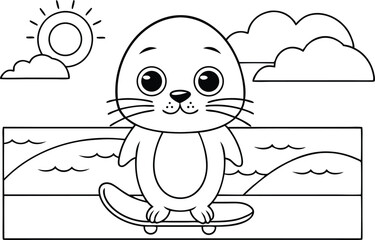Cute Seal on Skateboard Cartoon with Sea View, Sun and Clouds Outlined