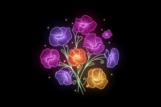 Comfrey flowers with glowing swirl effect, neon lines on black background. Magic of illuminated abstract patterns around flowers. Colorful image of flowers for creative design