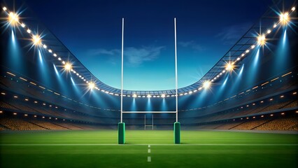 Rugby arena with a vibrant green field, illuminated by glowing floodlights and featuring tall goalposts for professional matches.
