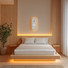A tranquil contemporary bedroom with clean lines soft lighting and integrated smart home controls for a harmonious and relaxing environment