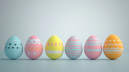 Colorful decorated easter eggs arranged in two rows with vibrant blue, yellow, and green patterns for spring celebration