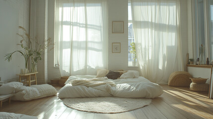 cozy, sunlit room with soft white decor and warm wood accents