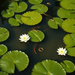Delicate lily pads on the surface of a tranquil river, lily pads, aquatic life