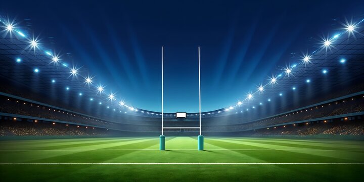 Wide angle view of a rugby field under stadium lights, showcasing goalposts and vibrant grass in a modern, fully packed arena banner and cover