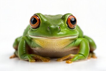 Obraz premium Vibrant Green Frog with Orange Eyes on White Background