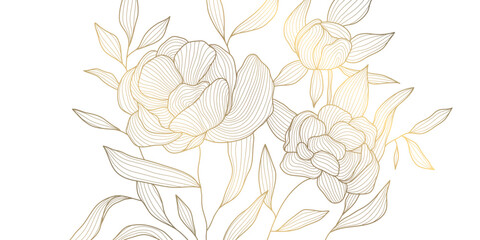 Vector gold line flowers illustration. Nature blossom oriental graphic, romantic decoration floral background, art deco ornate chinese roses, peonies.