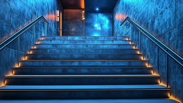 Stairway to the Future: A modern stairway illuminated by vibrant neon lights, leads the viewer's gaze upward towards an ambiguous destination, creating an enigmatic atmosphere.