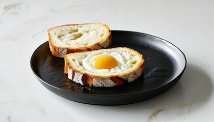 Breakfast delight with sunny side egg on sliced white bread on black plate with copy space