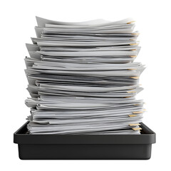 A large stack of white papers overflowing from a black tray against a black background