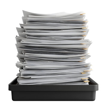 A large stack of white papers overflowing from a black tray against a black background