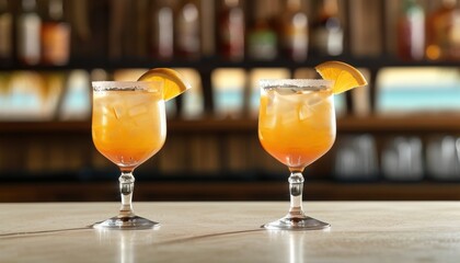 Two tequila sunrise cocktails on bar table with copy space