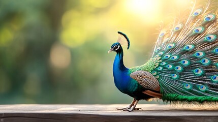 Fototapeta premium Majestic Peacock Displaying Vibrant Feathers in Natural Setting