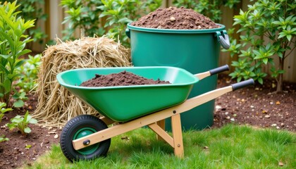 Garden wheelbarrow filled with soil for landscaping and composting with copy space