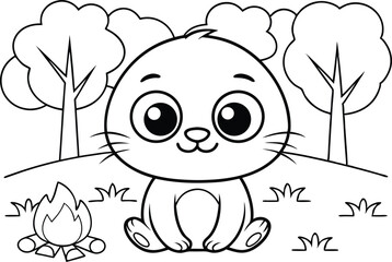 Outlined Cartoon Seal with Bonfire, Cute Landscape, Trees with Transparent Background