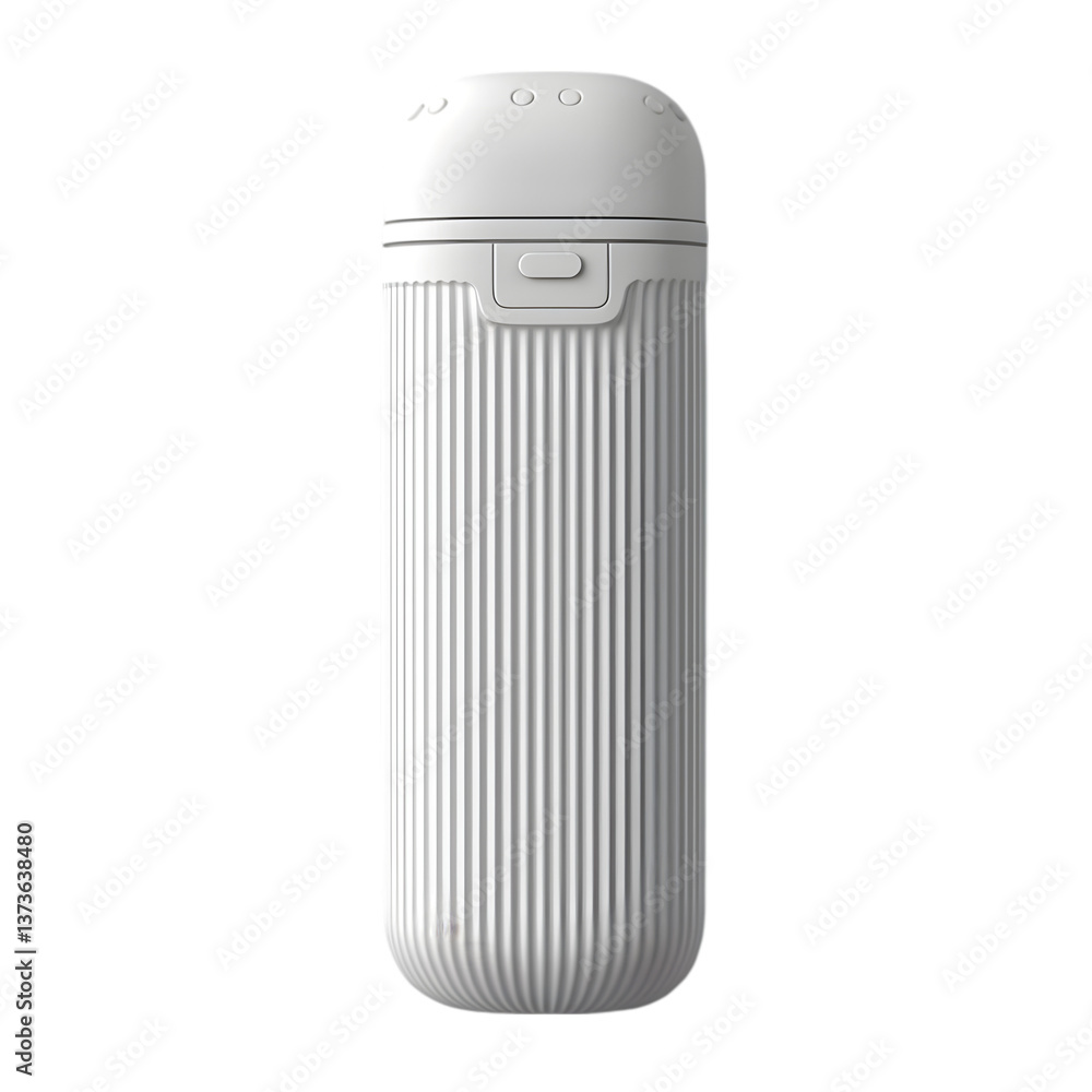 Poster a white cylindrical container with vertical ridges and a rounded top on a black background plain vie