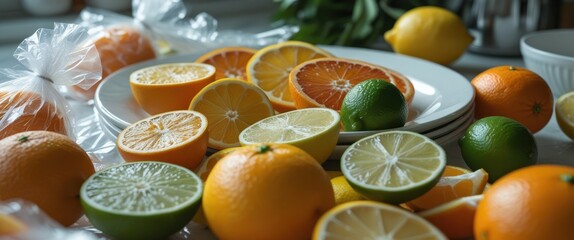 vibrant citrus fruit display with oranges and limes on plate
