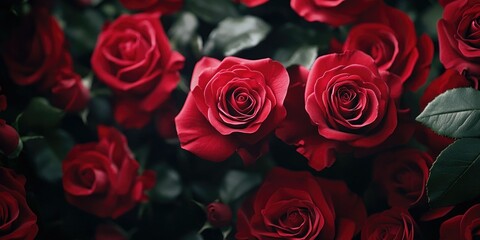 Fototapeta premium A close-up of deep red roses with green leaves, set against a neutral gray background.