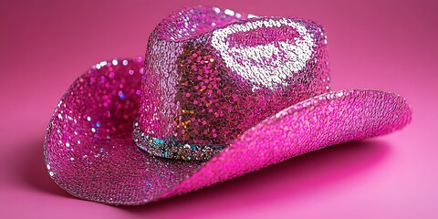Pink Sequined Cowboy Hat on Pink Background