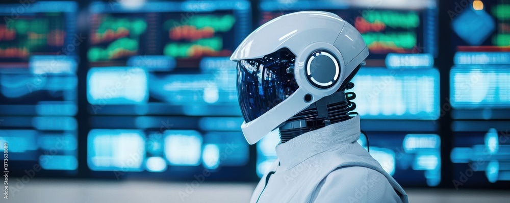 Poster futuristic robot interaction high-tech lab digital art sci-fi environment side view innovation conce