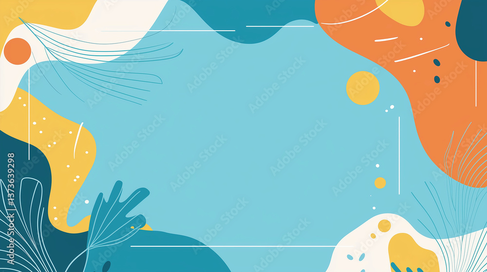 Poster vibrant abstract background with colorful shapes and botanical elements framed in a playful design