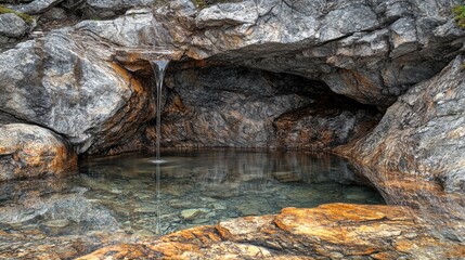 Fototapeta premium A small waterfall cascades into a crystal-clear pool nestled within a rocky alcove.
