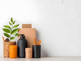 Minimalist composition highlighting an assortment of storage solutions including cardboard boxes wicker baskets and metallic canisters meticulously placed on a pale wooden tabletop