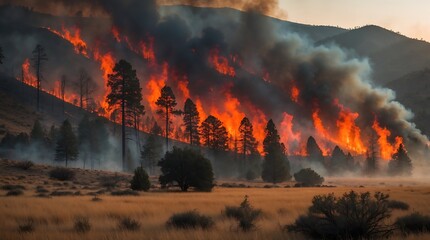Wildfire engulfs forest landscape amid the effects of climate change