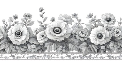 Elegant grayscale floral border design featuring anemones and foliage