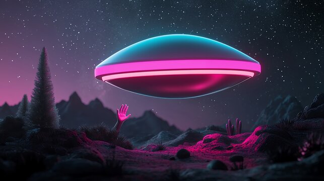 Pixel Art UFO Over Desolate Pink and Purple Night Landscape