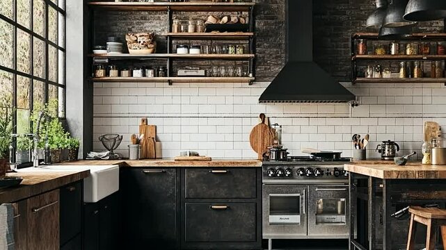 Industrial-chic kitchen with wood, metal, & brick.  Open shelving, large window, farmhouse sink