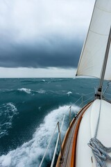 Fototapeta premium A sailboat is in the water with a storm in the background. The sky is cloudy and the water is choppy