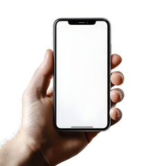 Closeup of a person s hand holding a smartphone device with a blank white screen in front of a clean minimal white background