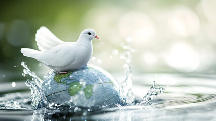 Dove Sitting on a Globe Floating on Water Showing Symbol of Peace and World Peace Day