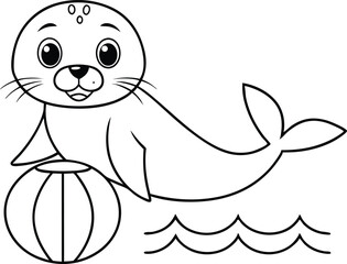 Cute Cartoon Seal Playing with a Ball on White Background