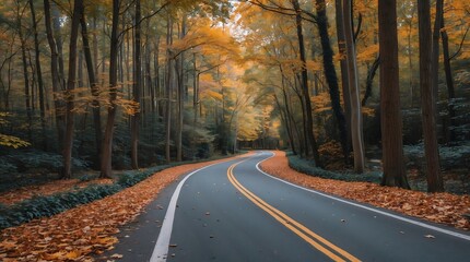 Fototapeta premium Winding bike lane through a forest during autumn with colorful foliage