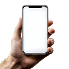 Closeup view of a modern smartphone mockup being held in a person s hand against a clean white background
