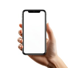 Close up of a hand holding a sleek contemporary smartphone with a blank white display screen in an isolated studio setting