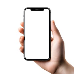 Closeup of a person s hand holding a modern smartphone with a blank white screen against a plain background
