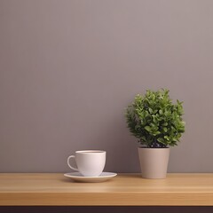 A simple elegant composition featuring a ceramic coffee cup and a small potted plant placed on a wooden desk against a gray background creating a calming and inviting workspace